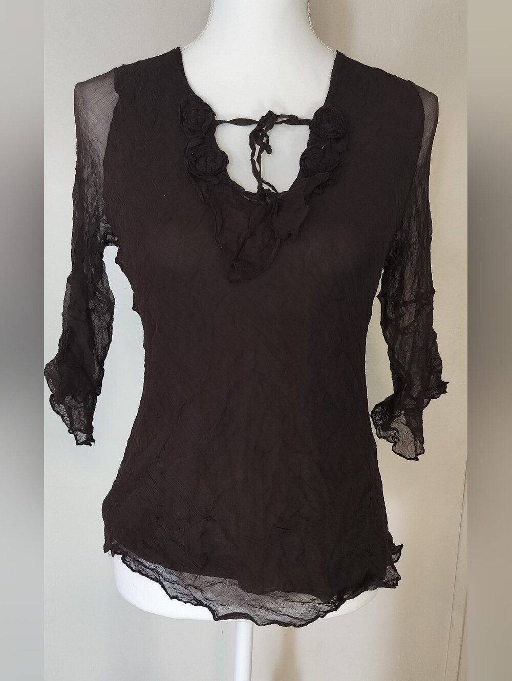 Sheer Black Floral Tie-Front Blouse